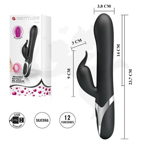 Vibrador con estimulador de clitoris, carga USB y cabeza INFLABLE